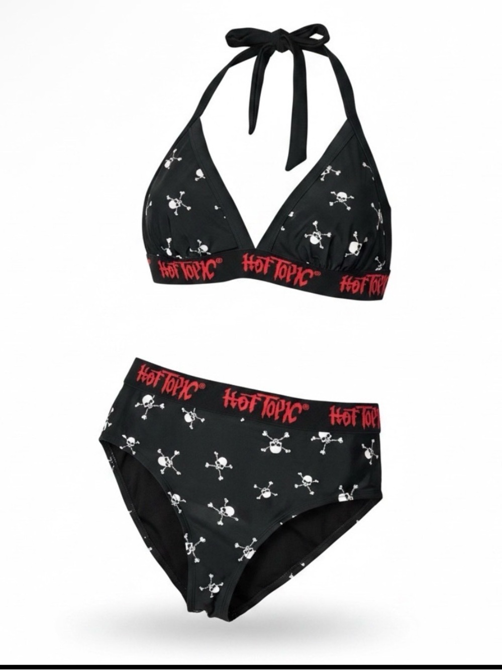 Hot Topic Black & White Skull-Print Halter Bikini Set with Red Logo Band